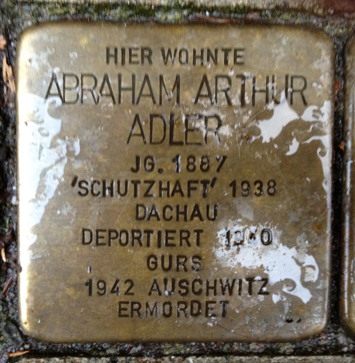 Stolperstein memorial stone dedicated to Abraham Arthur Adler in Karlsruhe, Germany