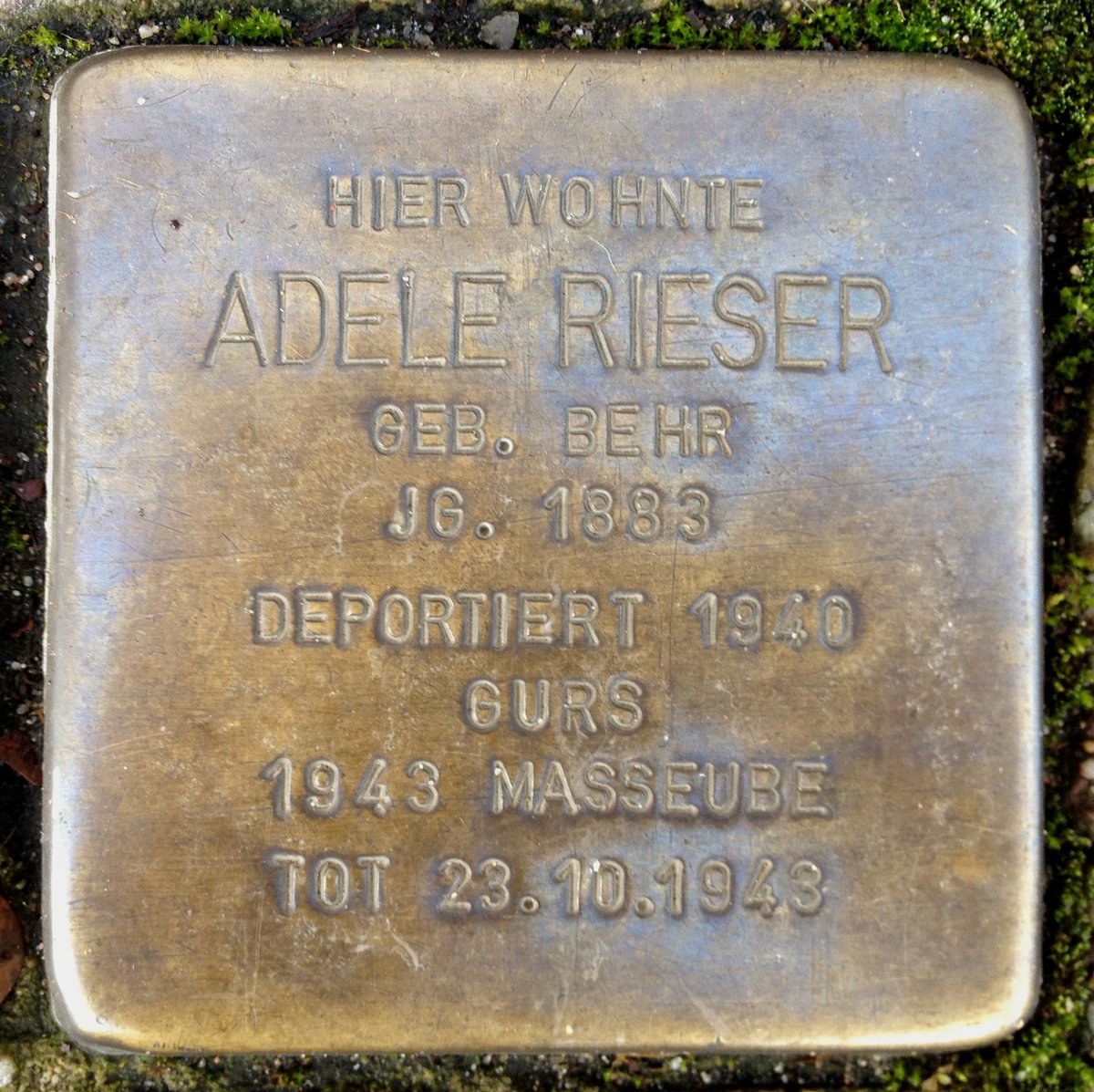 Stolperstein memorial dedicated to Adele Rieser embedded in the pavement in Karlsruhe, Germany