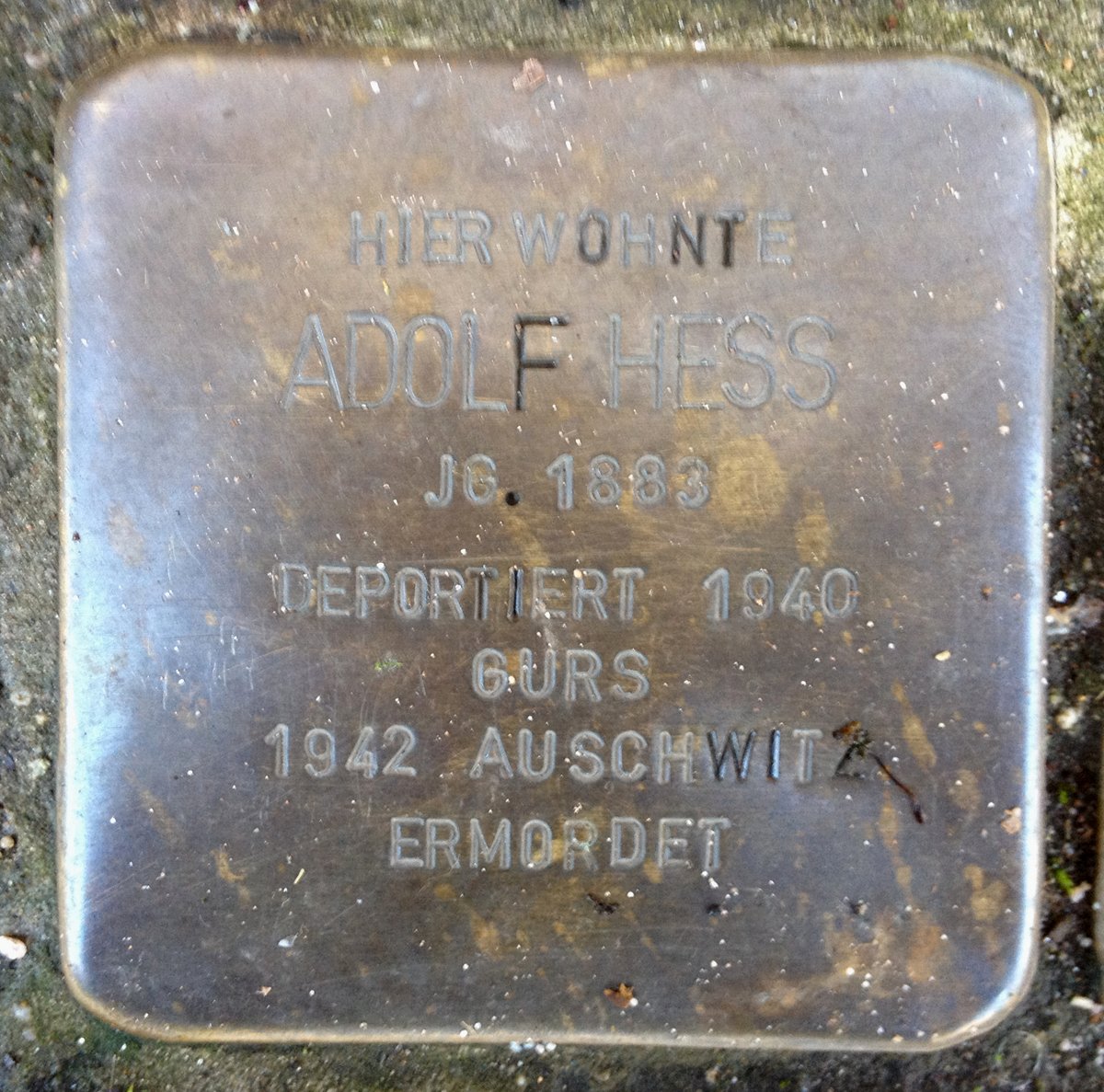 Stolperstein memorial stone dedicated to Adolf Heß in Karlsruhe, Germany