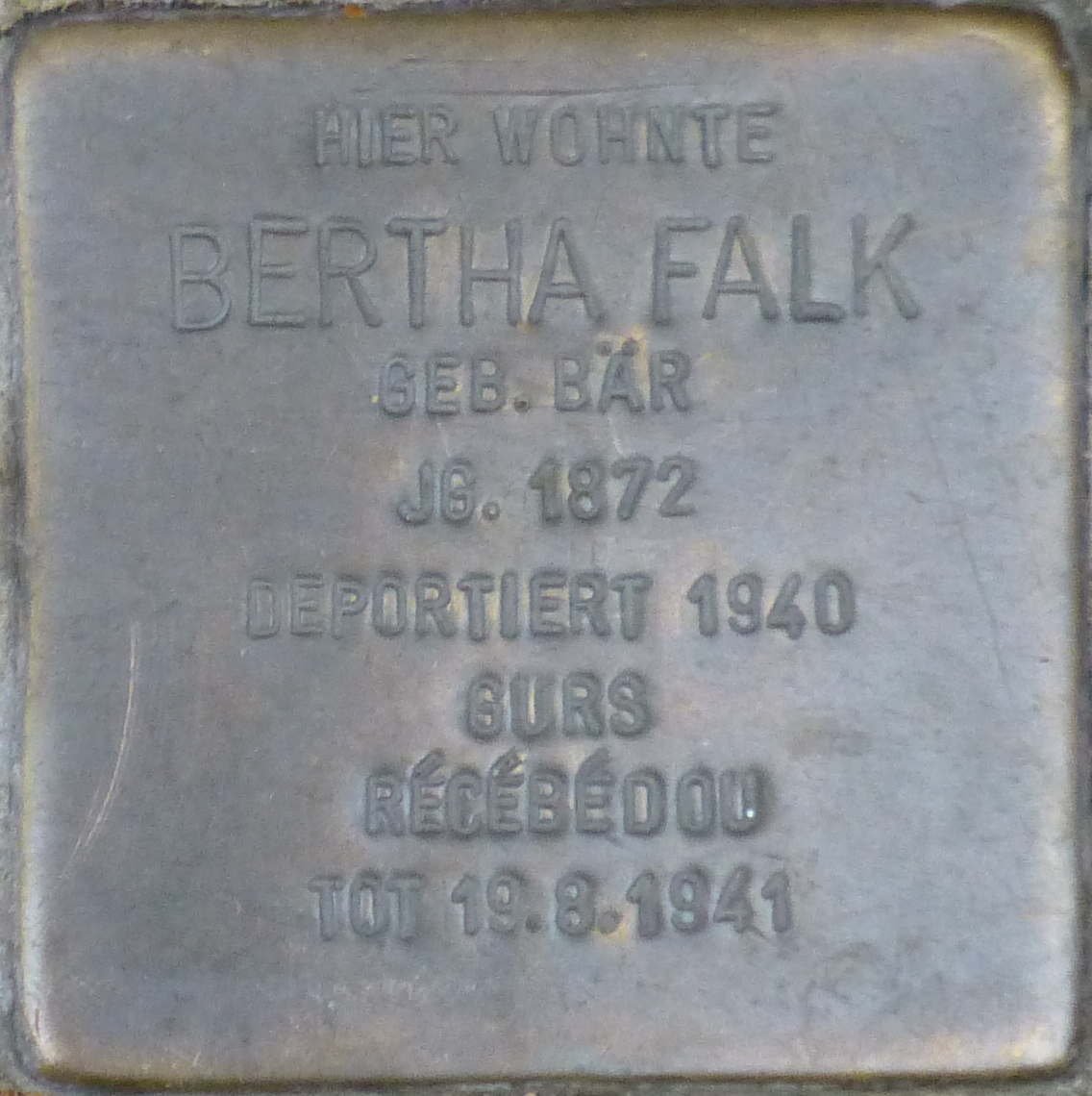 Stolperstein memorial stone dedicated to Bertha Falk in Karlsruhe Germany
