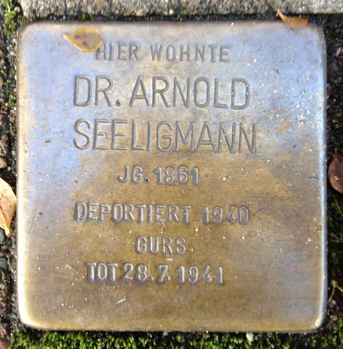 Stolperstein memorial stone dedicated to Arnold Seeligmann on Kriegsstraße 192 in Karlsruhe, Germany