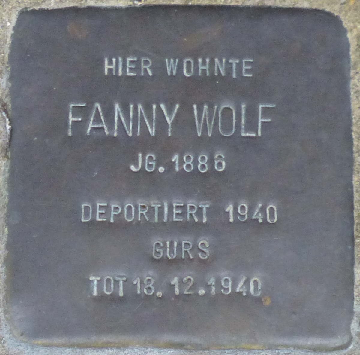 Stolperstein memorial stone dedicated to Fanny Wolf in Karlsruhe, Germany