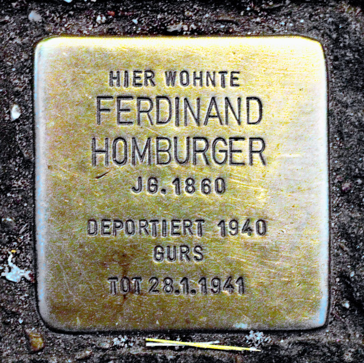 Stolperstein dedicated to Ferdinand Homburger embedded in sidewalk in Karlsruhe Germany