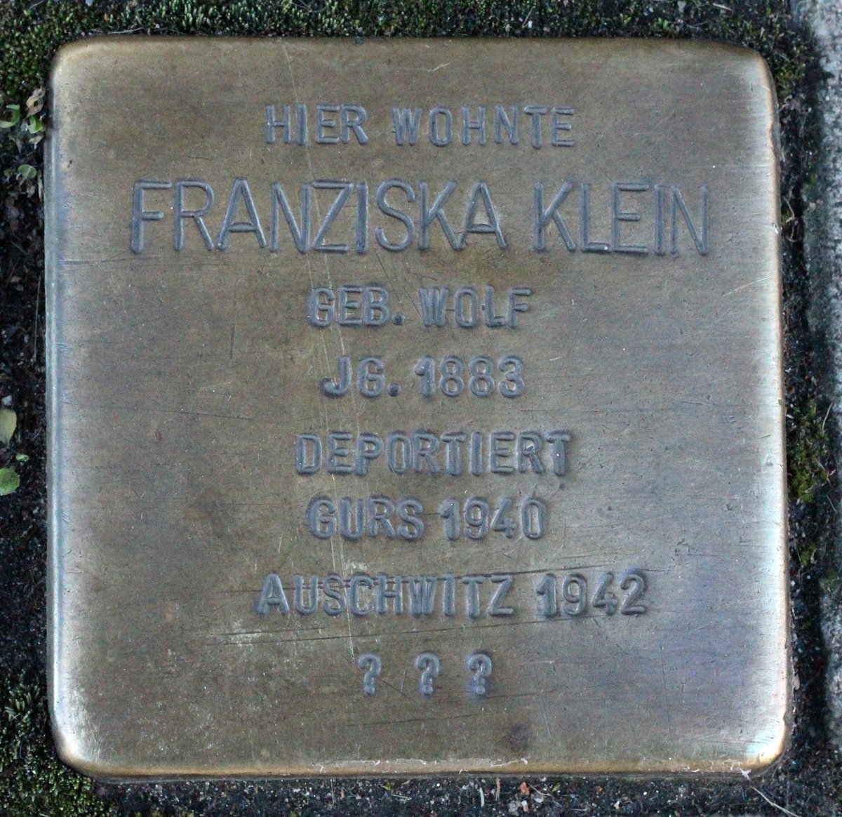 Stolperstein memorial stone dedicated to Franziska Klein in Karlsruhe, Germany on Karlstr 92