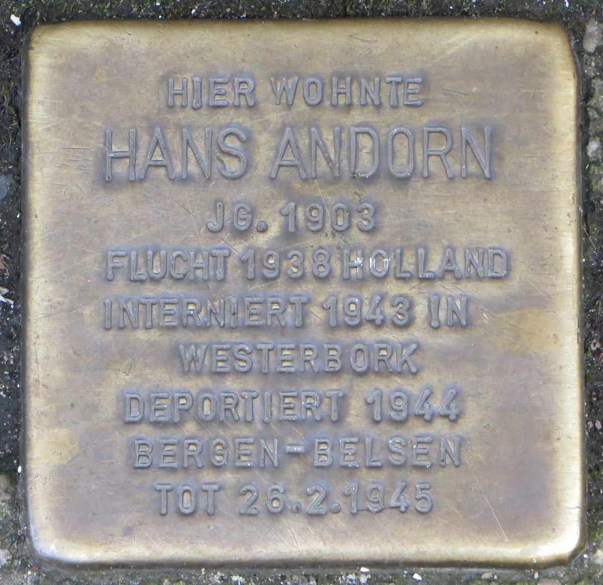 Stolperstein memorial stone for Hans Andorn in Karlsruhe, Germany