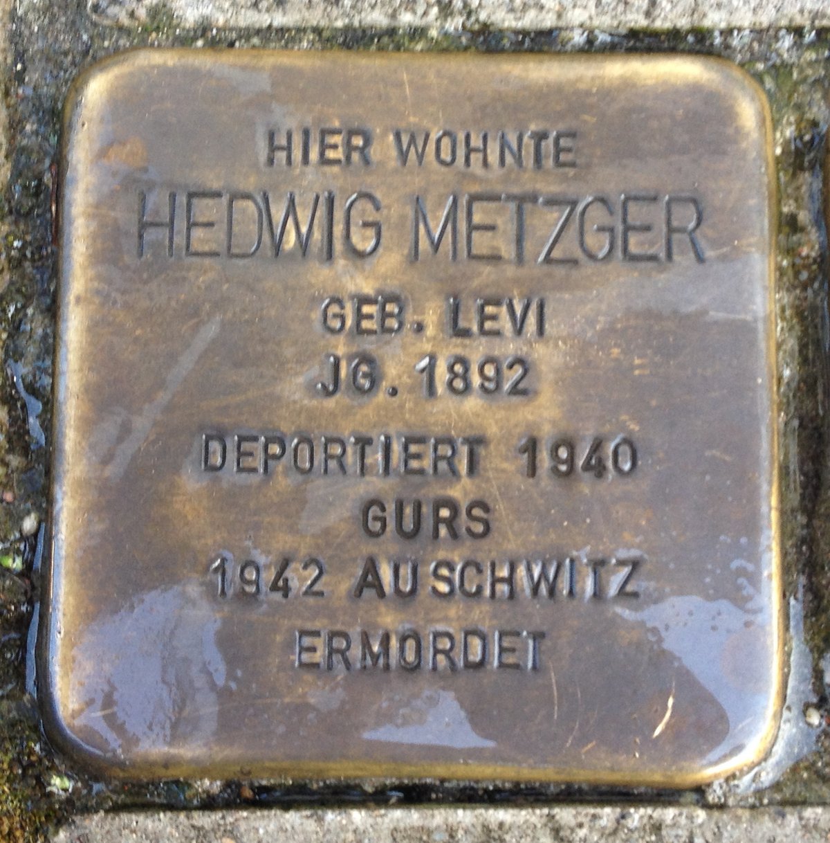 Stolperstein memorial stone dedicated to Hedwig Metzger in Karlsruhe, Germany