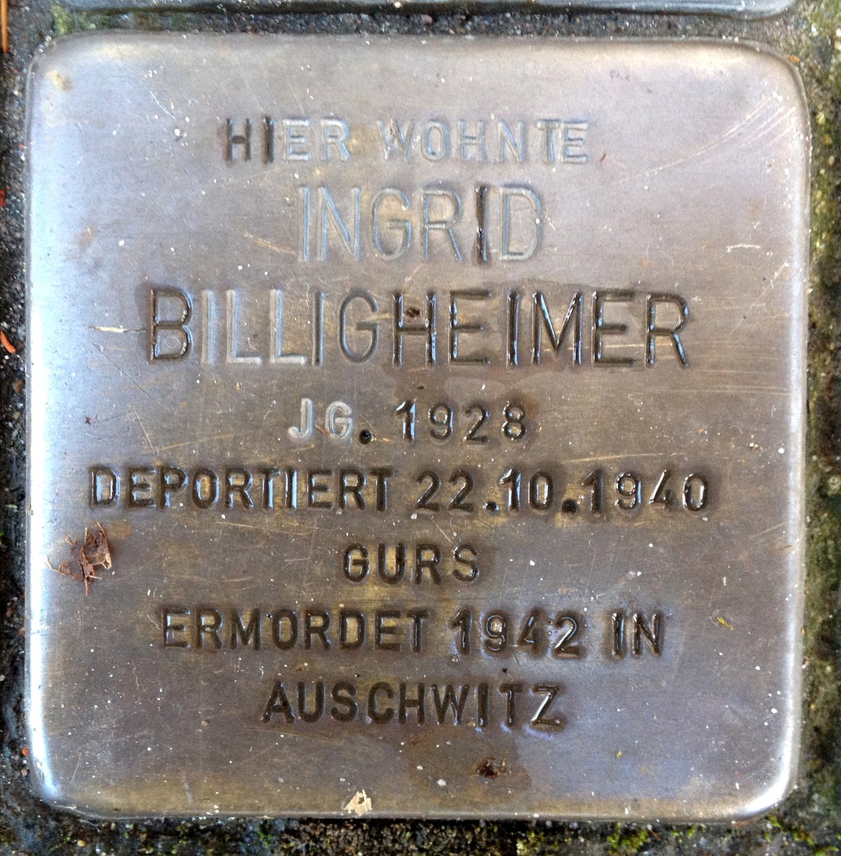 Stolperstein memorial dedicated to Ingrid Billigheimer in Karlsruhe, Germany