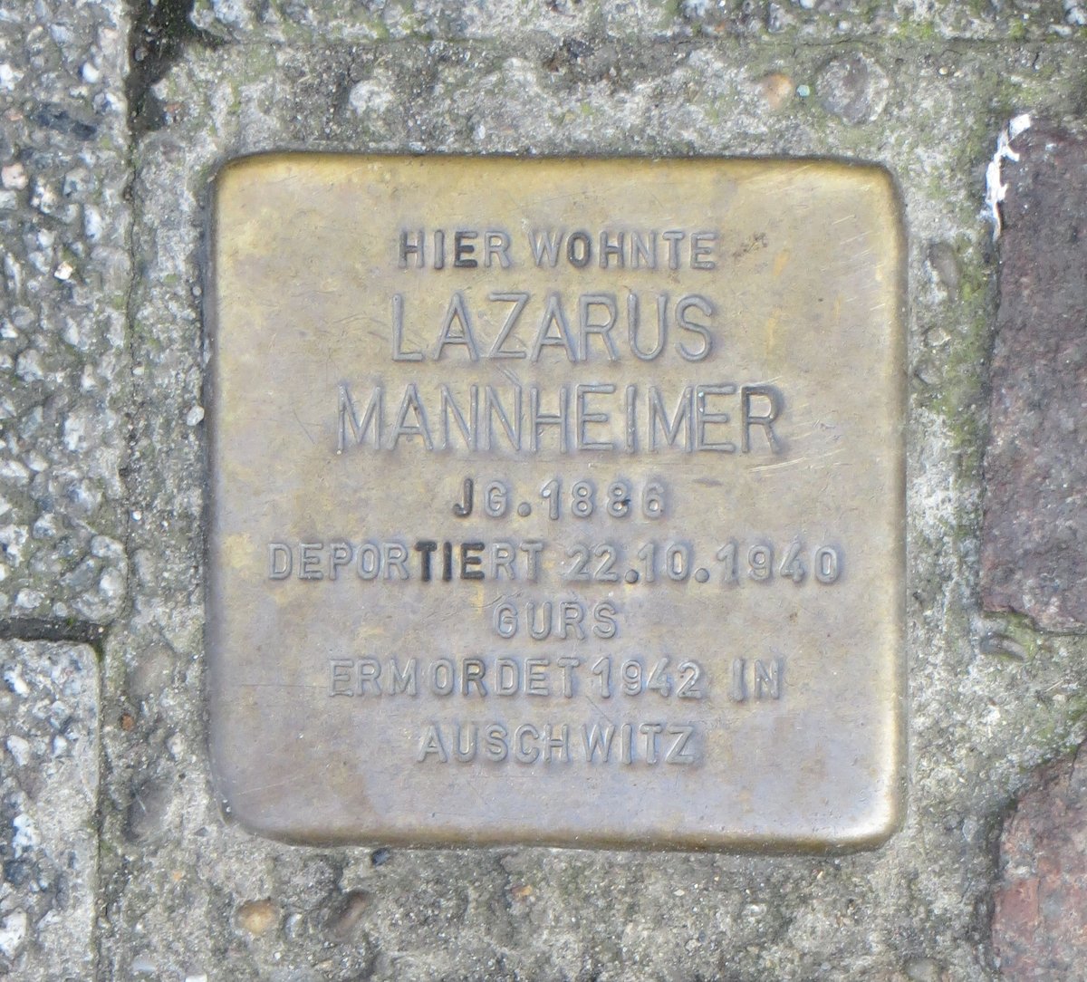 Stolperstein dedicated to Lazarus Mannheimer in Karlsruhe, Germany