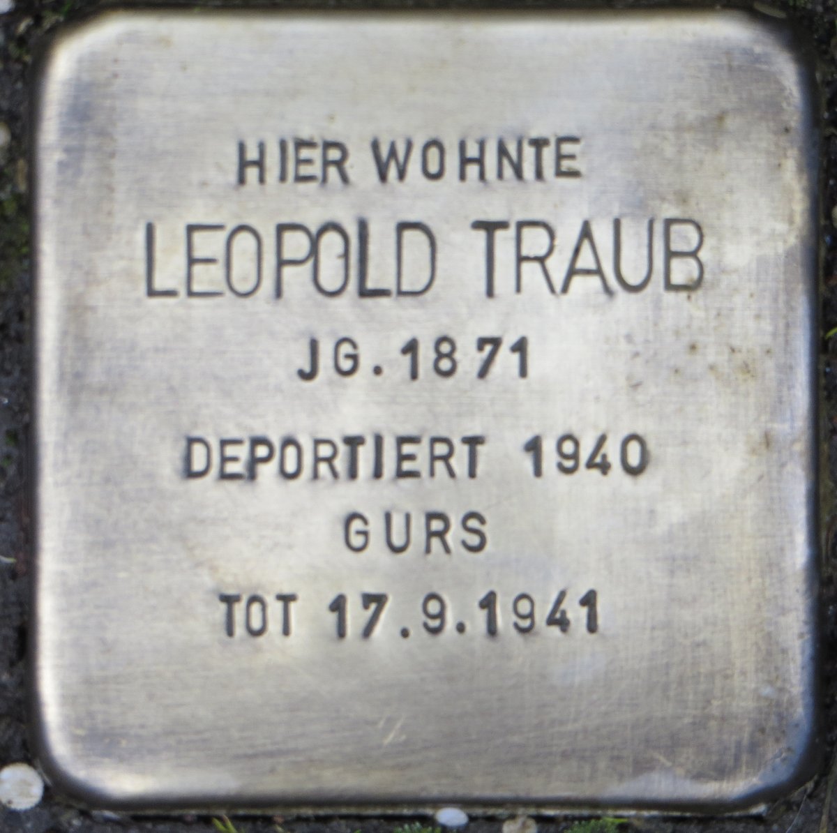 Stolperstein dedicated to Leopold Traub in Karlsruhe Grötzingen, Germany