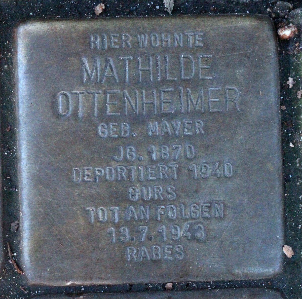 Stolperstein memorial stone dedicated to Mathilde Ottenheimer in Karlsruhe, Germany