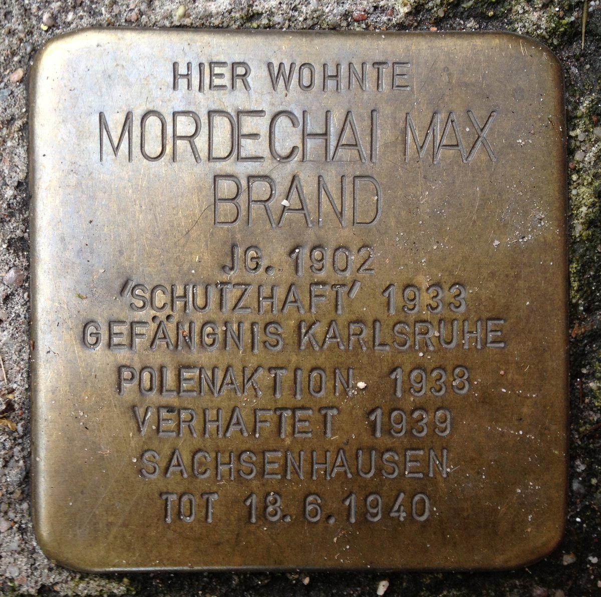 Stolperstein memorial stone dedicated to Mordechai Max Brand in Karlsruhe, Germany