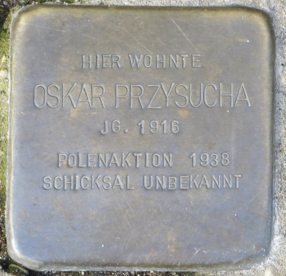 Stolperstein memorial stone dedicated to Oskar Przysucha in Karlsruhe, Germany embedded in sidewalk