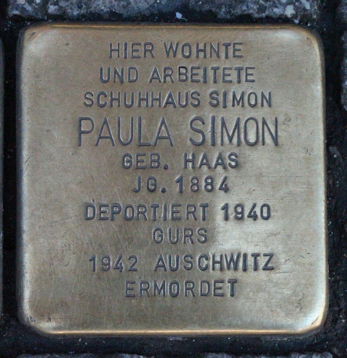 Stolperstein memorial stone dedicated to Paula Simon embedded in pavement in Karlsruhe, Germany