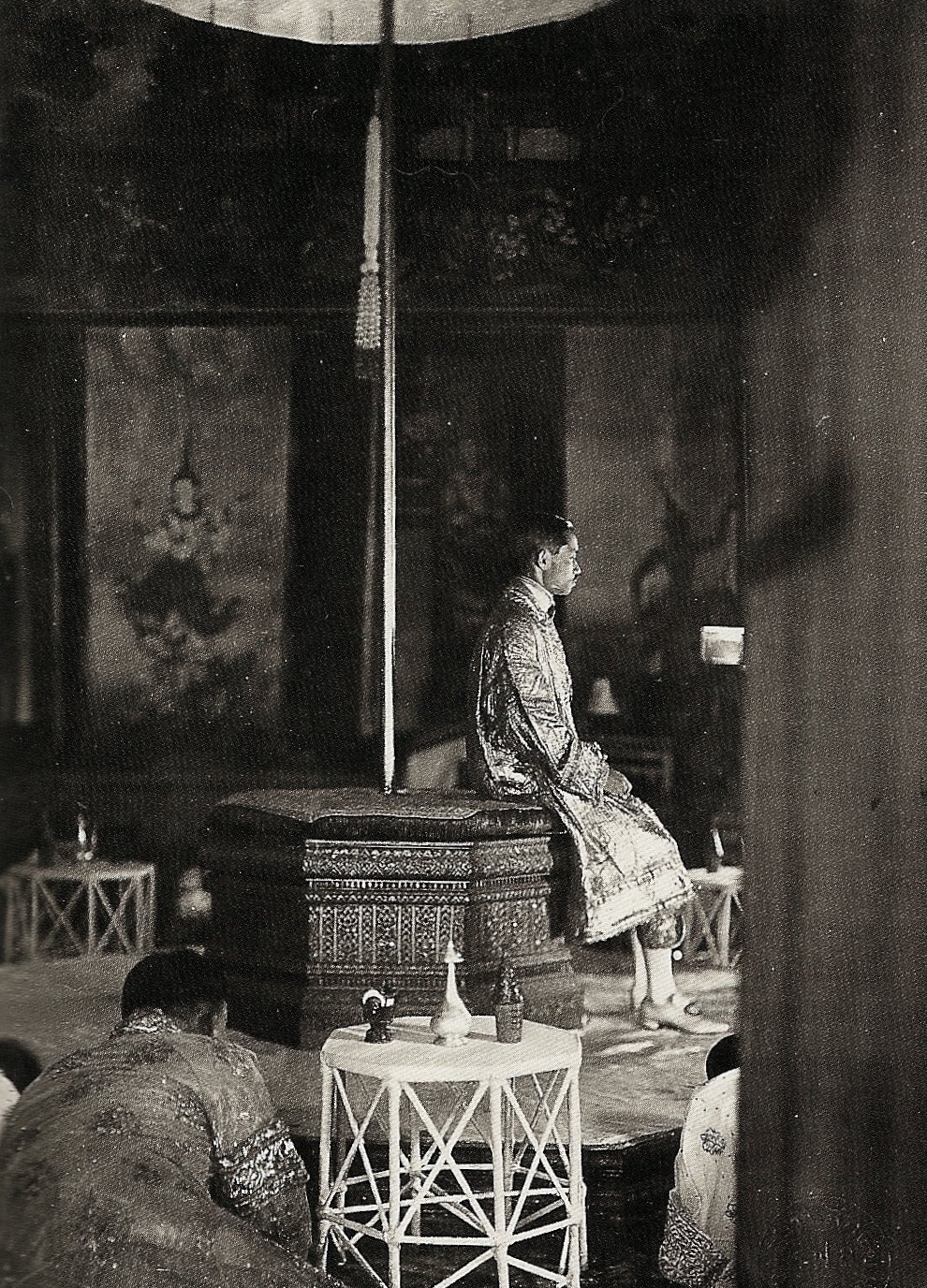 King Prajadhipok seated on the Octagonal Throne during his coronation at the Grand Palace in Bangkok on 25 February 1926