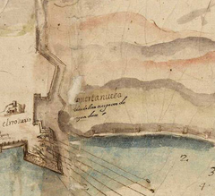 1608 map section of Gibraltar showing Charles V Wall, South Bastion, and Flat Bastion