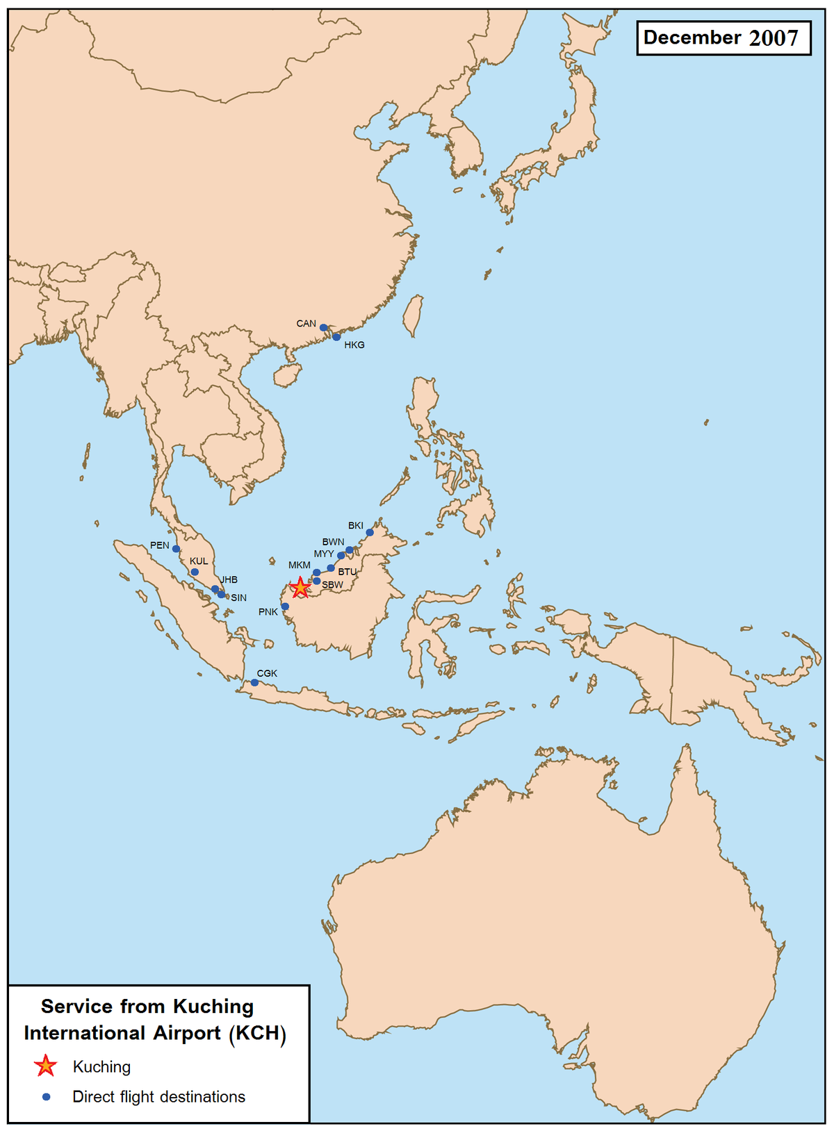 Route map depicting flight destinations to and from Kuching International Airport as of December 2007