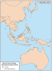 Route map depicting flight destinations to and from Kuching International Airport as of December 2007