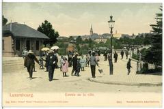 Historical view of the entrance to Luxembourg city in 1905 with prominent buildings and streets