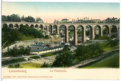 Historic black and white photo of La Paserelle bridge in Luxemburg in 1905