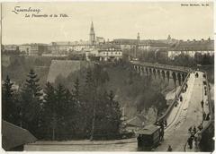 Historic tram line route displayed on bus with Charles Bernhoeft Luxembourg La Passerelle et la Ville photograph