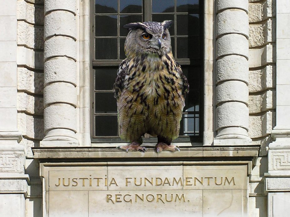 Owl and Justitia statue symbolizing wisdom and justice