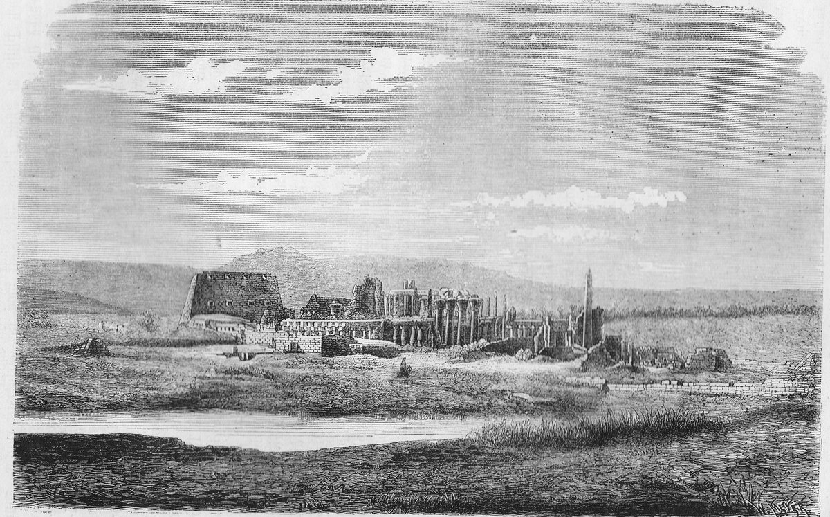 Ruins of Thebes at Karnak ancient Egyptian site illustration from Illustrerad Verldshistoria by E. Wallis
