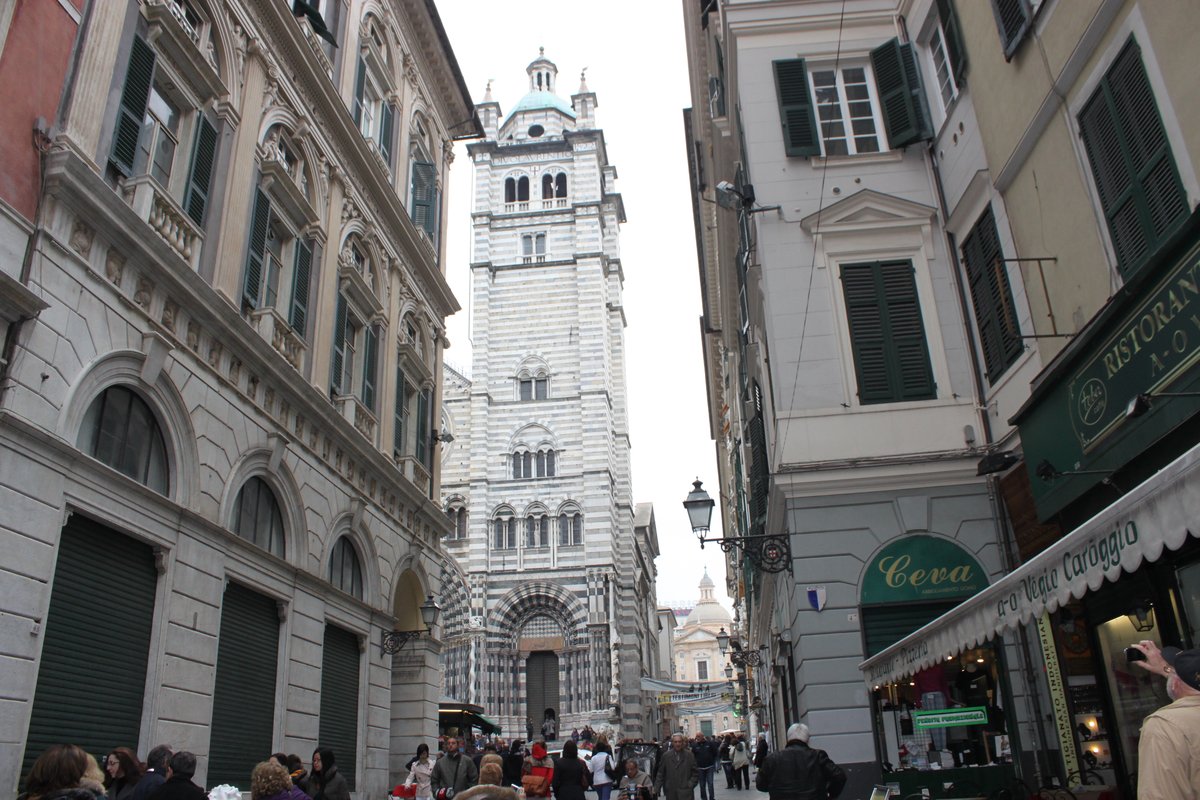 Bell tower of San Lorenzo Cathedral in Genoa with clear sky