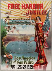 Woman in jeweled dress blowing a horn with aerial view of Los Angeles port and railroad lines
