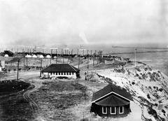 The Great White Fleet arriving at Port of Los Angeles in 1908 with spectators watching