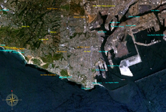Satellite view of San Pedro city coastline showing urban and natural areas
