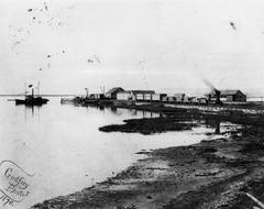 View of Banning's Landing harbor in Wilmington, 1870, showing Los Angeles and San Pedro Railroad