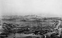 Historic drawing of Wilmington and Los Angeles River mouth with Los Angeles Basin in the background, facing North