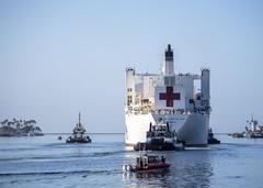 USNS Mercy hospital ship departing Los Angeles during COVID-19 response