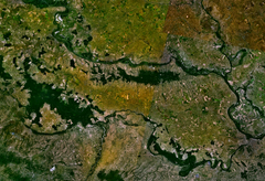 Simulated color satellite image of Srem from NASA's Landsat 7