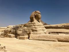 Great Sphinx of Giza carved from limestone on Giza Plateau near the Pyramids and Nile River