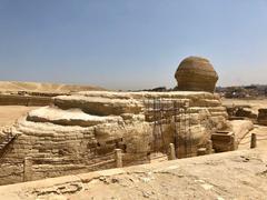 The Great Sphinx of Giza carved from solid limestone on the Giza Plateau near the Pyramids and Nile River