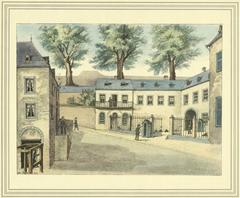 Pictorial drawing of the Confederation fortress Luxembourg showing the end of rue de l'Arsenal (rue des Juifs) by Michel Engels