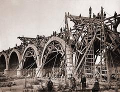 Construction of Puente de los Franceses bridge in Madrid Spain historical black and white photo