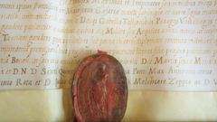 1587 Medicina et Philosophiae Diploma on vellum with gold, miniature, and wax seal showing Saint Catherine of Alexandria