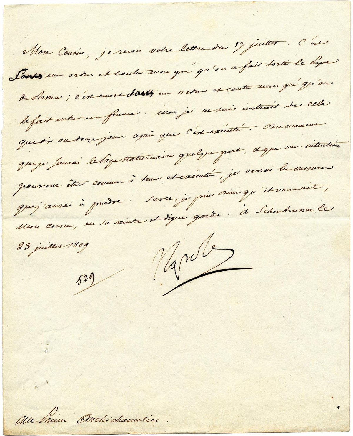 Letter from Emperor Napoleon I to Archchancellor Jean-Jacques-Régis Cambacérès about the arrest of Pope Pius VII