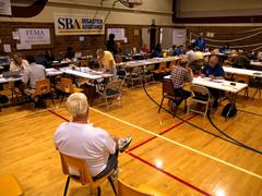 Resident waiting at Disaster Recovery Center in Sioux Falls, SD for disaster assistance
