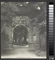 Black and white photograph of Elisabethtor city gate in Heidelberg, early 20th century urban panorama