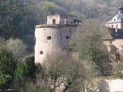 Heidelberg Castle Blown up Tower view from northeast with intact north side and collapsed south side into castle dry moat