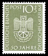 50th anniversary commemorative stamp of Deutsches Museum München with intricate museum building design