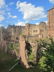 Western moat of Heidelberg Castle with Seltenleerm Tower, Ruprechtsbau, and library building