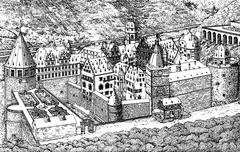historic view of Heidelberg Castle and city in Germany from 1619