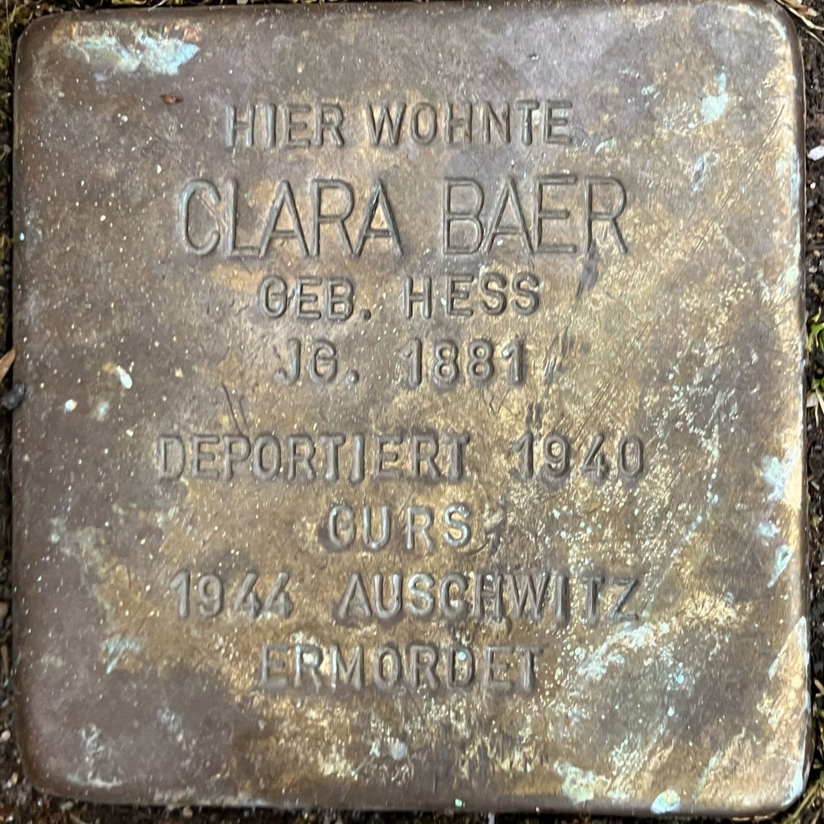 Stolperstein dedicated to Clara Baer in Baden-Baden, Germany embedded in pavement