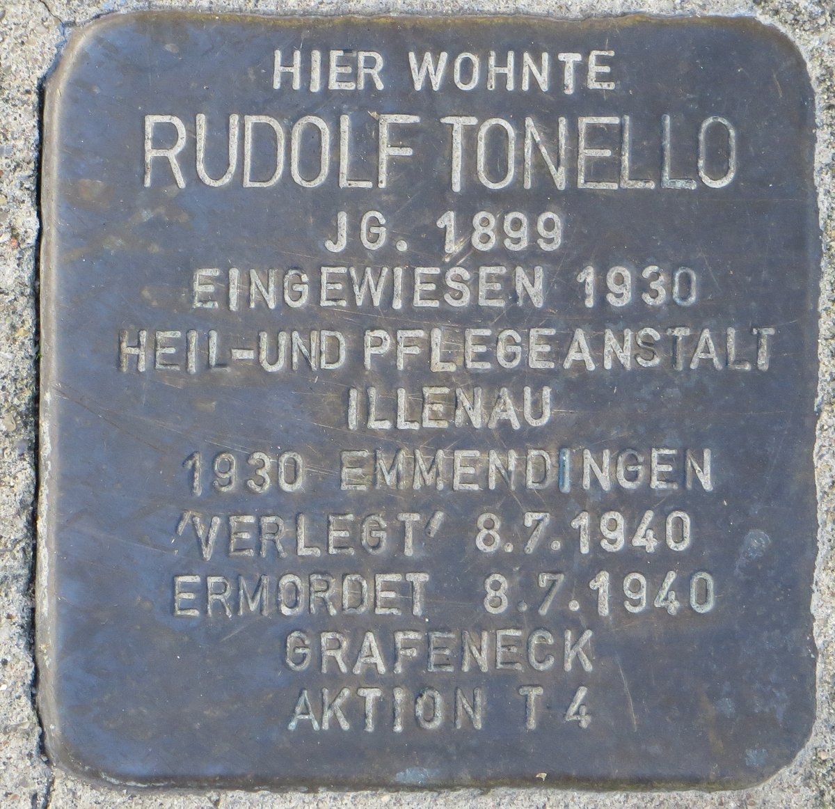 Stolperstein memorial stone dedicated to Rudolf Tonello in Baden-Baden Germany