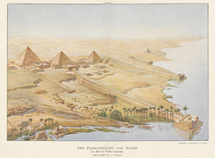 Painting depicting pyramids of Neferirkare Kakai, Nyuserre Ini, and Sahure with sun temples in the background
