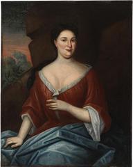 Portrait of Grace Mears Levy seated in a 3/4 length pose with a landscape background, painted around 1725